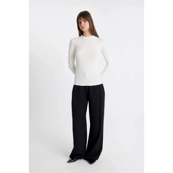 B2389 Yarım Balıkçı Yaka Fitilli Kaşkorse Basic Düz Uzun Kollu Tişört Tunik