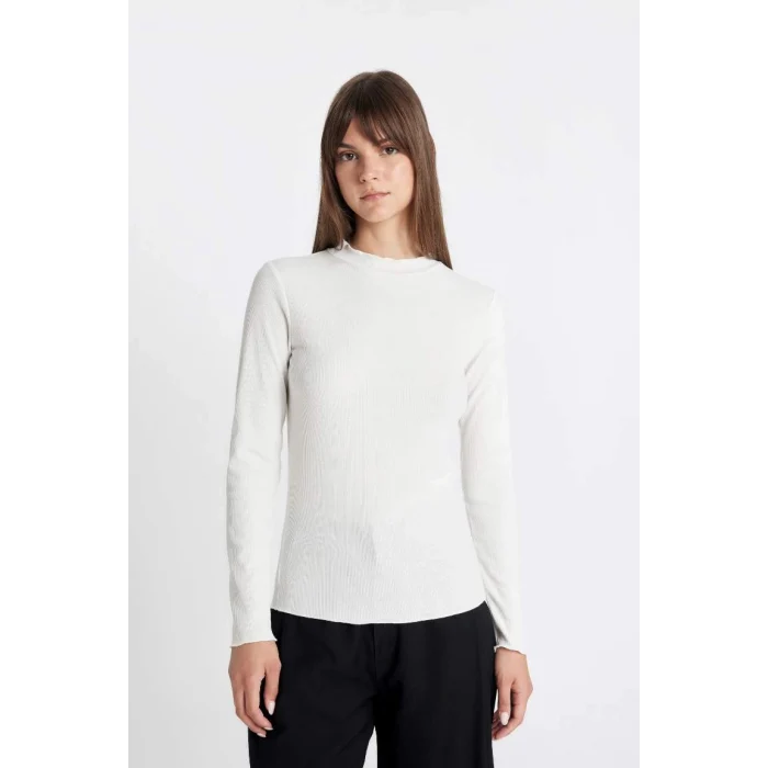 B2389 Yarım Balıkçı Yaka Fitilli Kaşkorse Basic Düz Uzun Kollu Tişört Tunik