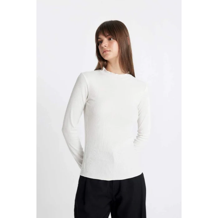 B2389 Yarım Balıkçı Yaka Fitilli Kaşkorse Basic Düz Uzun Kollu Tişört Tunik