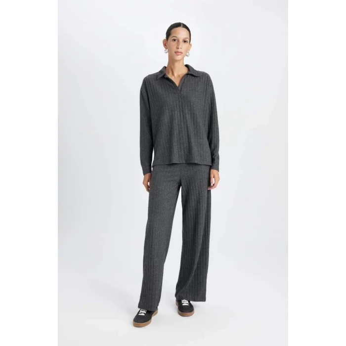 B2404 Relax Fit Polo Yaka Fitilli Kaşkorse Uzun Kollu Tişört