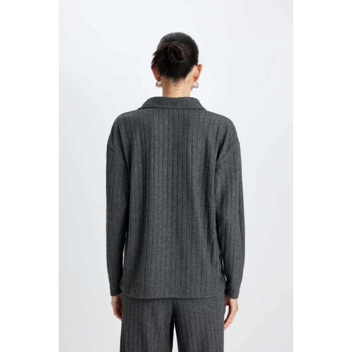 B2404 Relax Fit Polo Yaka Fitilli Kaşkorse Uzun Kollu Tişört