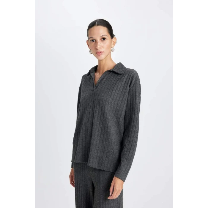 B2404 Relax Fit Polo Yaka Fitilli Kaşkorse Uzun Kollu Tişört