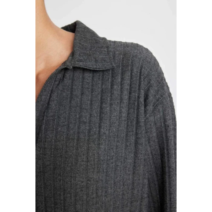 B2404 Relax Fit Polo Yaka Fitilli Kaşkorse Uzun Kollu Tişört