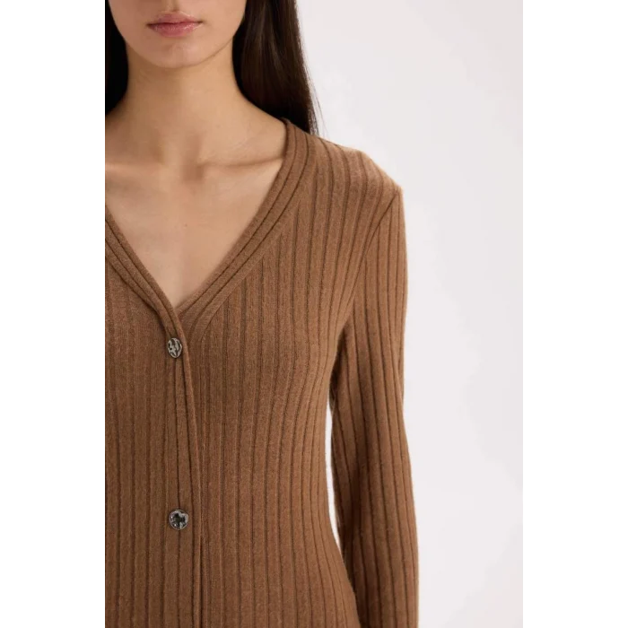 B3261 Bodycon Vücudu Saran Basic Düz V Yaka Düğmeli Fitilli Kaşkorse Midi Uzun Kollu Elbise