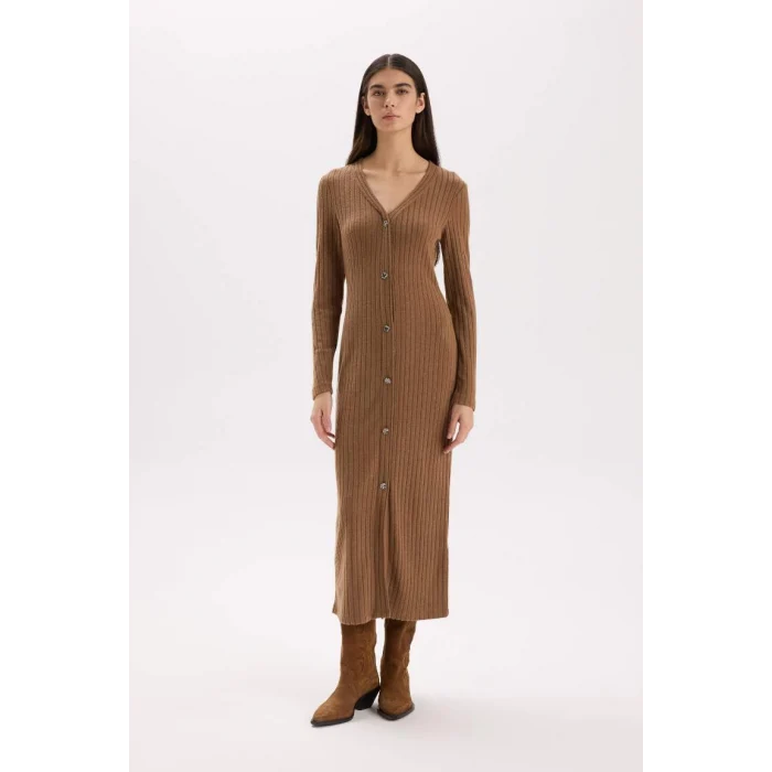 B3261 Bodycon Vücudu Saran Basic Düz V Yaka Düğmeli Fitilli Kaşkorse Midi Uzun Kollu Elbise