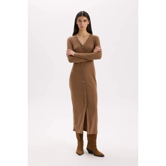 B3261 Bodycon Vücudu Saran Basic Düz V Yaka Düğmeli Fitilli Kaşkorse Midi Uzun Kollu Elbise