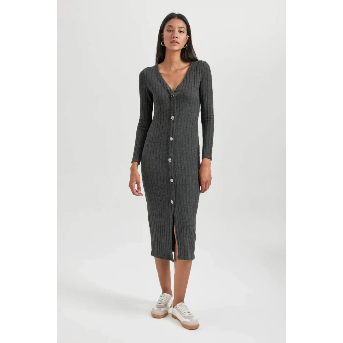 B3261 Bodycon Vücudu Saran Basic Düz V Yaka Düğmeli Fitilli Kaşkorse Midi Uzun Kollu Elbise