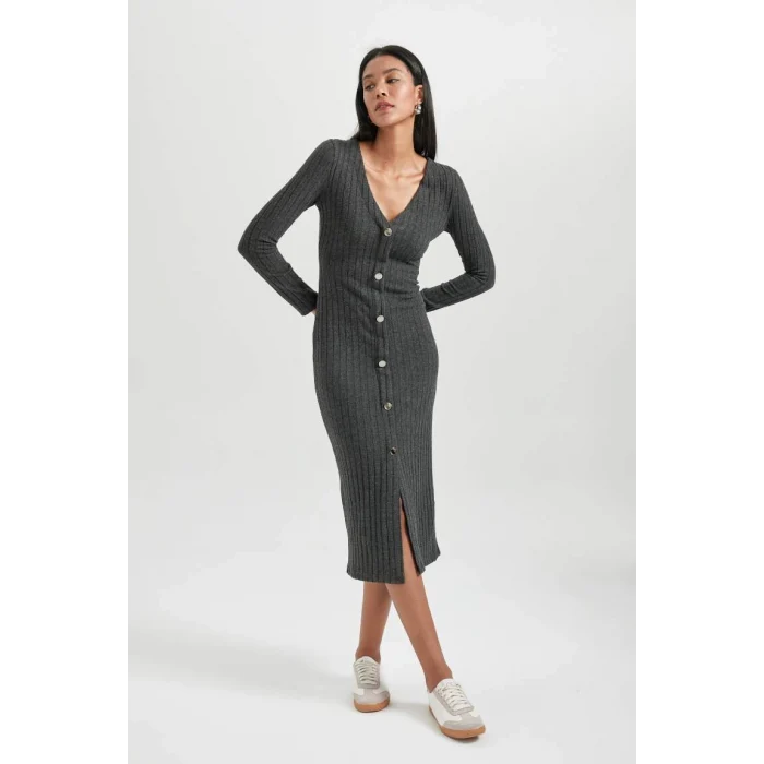 B3261 Bodycon Vücudu Saran Basic Düz V Yaka Düğmeli Fitilli Kaşkorse Midi Uzun Kollu Elbise