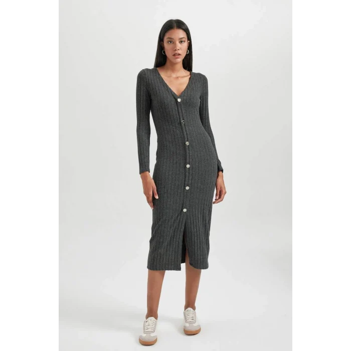 B3261 Bodycon Vücudu Saran Basic Düz V Yaka Düğmeli Fitilli Kaşkorse Midi Uzun Kollu Elbise