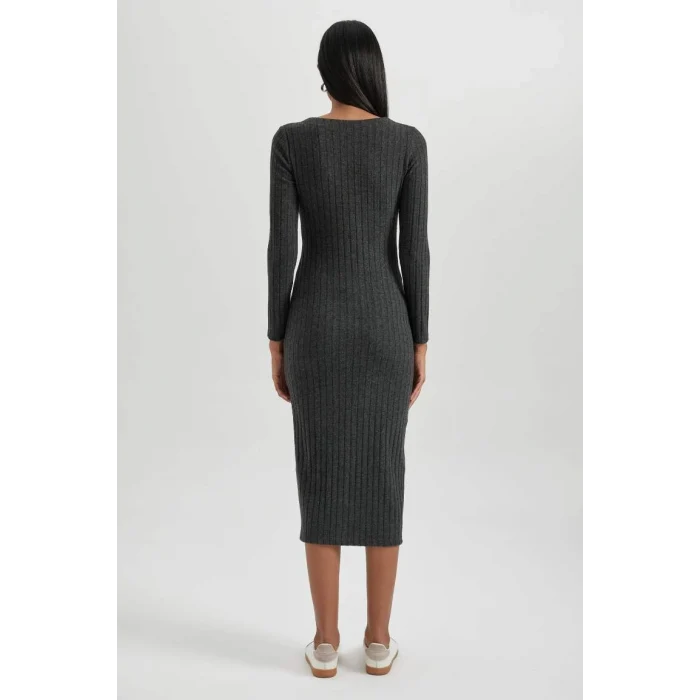 B3261 Bodycon Vücudu Saran Basic Düz V Yaka Düğmeli Fitilli Kaşkorse Midi Uzun Kollu Elbise