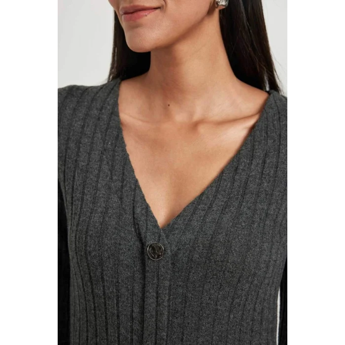 B3261 Bodycon Vücudu Saran Basic Düz V Yaka Düğmeli Fitilli Kaşkorse Midi Uzun Kollu Elbise