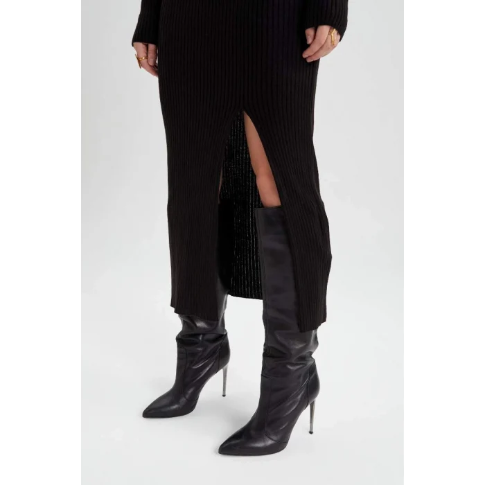 B3730 Fitted Balıkçı Yaka Basic Düz Uzun Kollu Yırtmaçlı Midi Triko Elbise