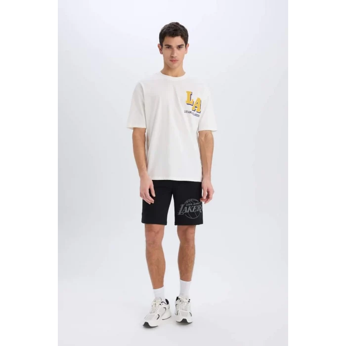 B3894 DeFactoFit NBA Los Angeles Lakers Oversize Geniş Kalıp Bisiklet Yaka Kısa Kollu Tişört