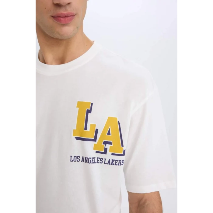 B3894 DeFactoFit NBA Los Angeles Lakers Oversize Geniş Kalıp Bisiklet Yaka Kısa Kollu Tişört