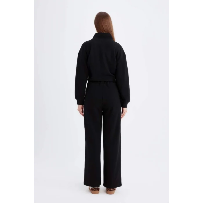 B4311 Relax Fit Beli Lastikli Selanik Kumaş Basic Düz Triko Siyah Pantolon