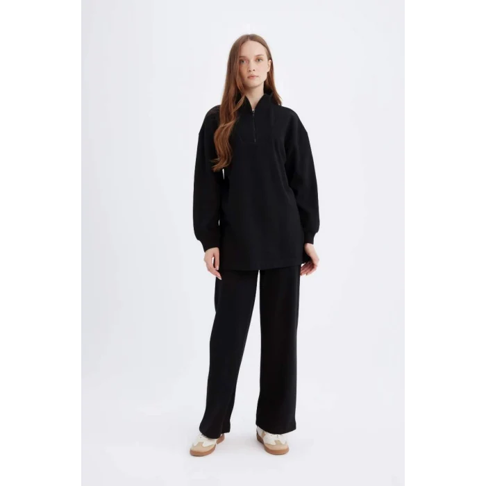 B4311 Relax Fit Beli Lastikli Selanik Kumaş Basic Düz Triko Siyah Pantolon