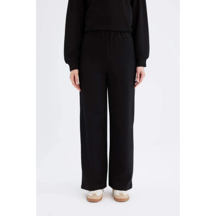 B4311 Relax Fit Beli Lastikli Selanik Kumaş Basic Düz Triko Siyah Pantolon