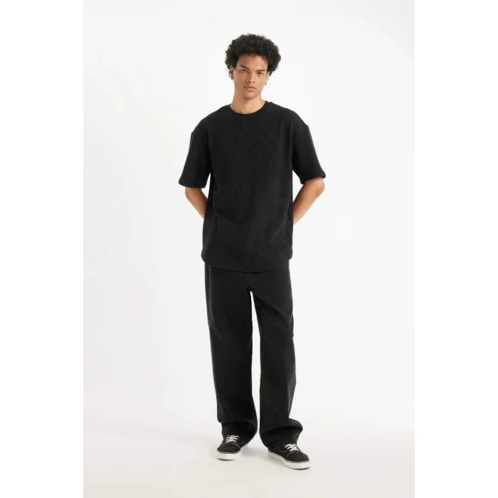 B4443 Comfort Regular Fit Rahat Kesim Bisiklet Yaka Waffle Kumaş Pamuklu Kısa Kollu Basic Düz Tişört