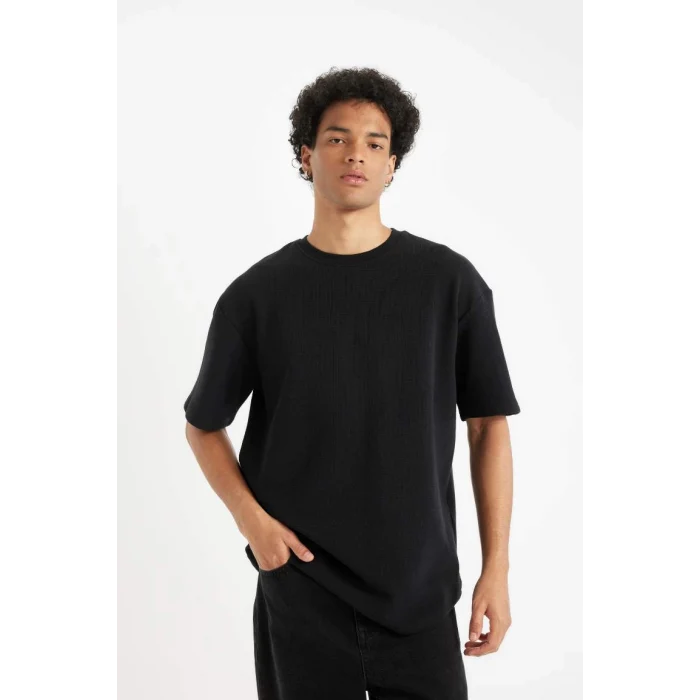 B4443 Comfort Regular Fit Rahat Kesim Bisiklet Yaka Waffle Kumaş Pamuklu Kısa Kollu Basic Düz Tişört