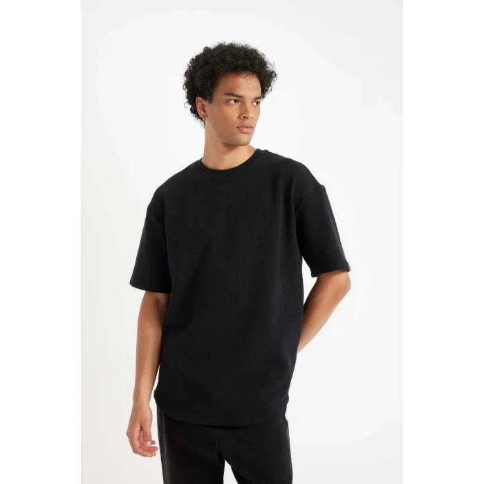 B4443 Comfort Regular Fit Rahat Kesim Bisiklet Yaka Waffle Kumaş Pamuklu Kısa Kollu Basic Düz Tişört