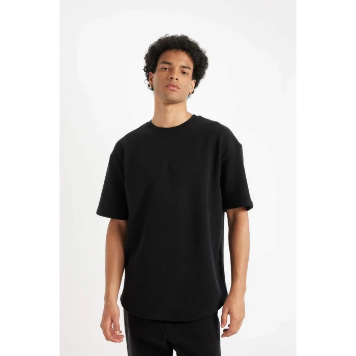 B4443 Comfort Regular Fit Rahat Kesim Bisiklet Yaka Waffle Kumaş Pamuklu Kısa Kollu Basic Düz Tişört