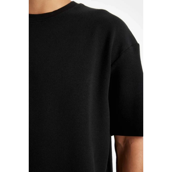 B4443 Comfort Regular Fit Rahat Kesim Bisiklet Yaka Waffle Kumaş Pamuklu Kısa Kollu Basic Düz Tişört