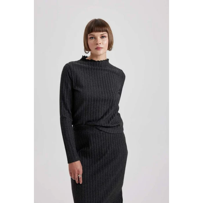 B4767 Straight Fit Normal Yırtmaçlı Bel Fitilli Kaşkorse Midi Etek