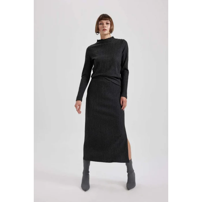 B4767 Straight Fit Normal Yırtmaçlı Bel Fitilli Kaşkorse Midi Etek