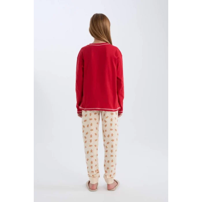 B4807 Yılbaşı Temalı Bisiklet Yaka Uzun Kollu Üst Uzun Alt Pijama Takımı