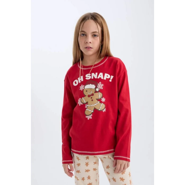 B4807 Yılbaşı Temalı Bisiklet Yaka Uzun Kollu Üst Uzun Alt Pijama Takımı