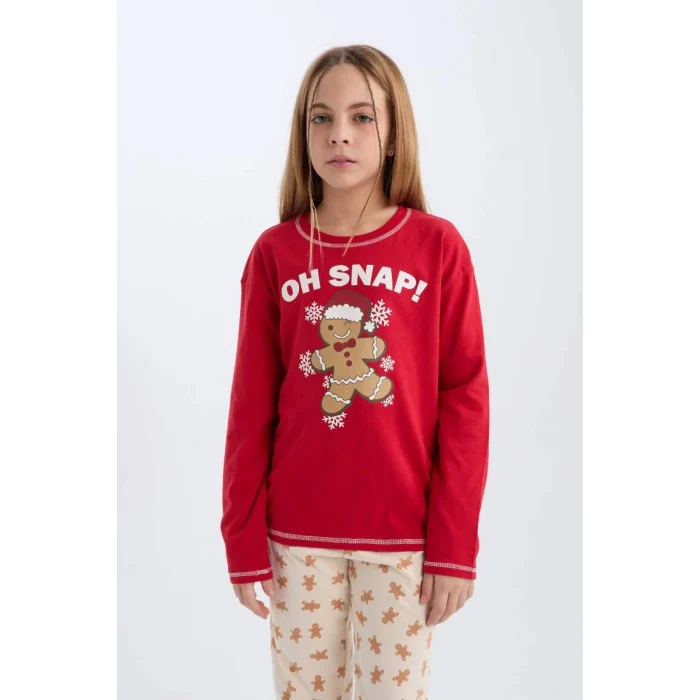 B4807 Yılbaşı Temalı Bisiklet Yaka Uzun Kollu Üst Uzun Alt Pijama Takımı