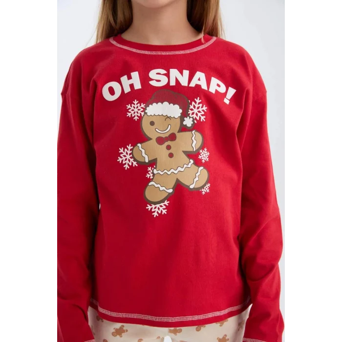 B4807 Yılbaşı Temalı Bisiklet Yaka Uzun Kollu Üst Uzun Alt Pijama Takımı