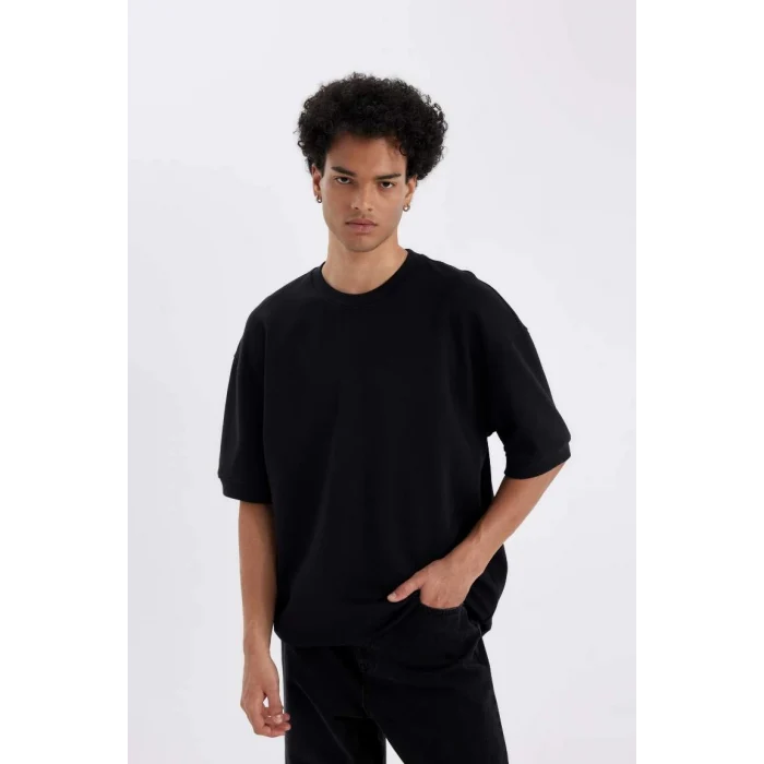 B4844 Loose Fit Bisiklet Yaka Ağır Kumaş Pamuklu Kısa Kollu Basic Düz Tişört