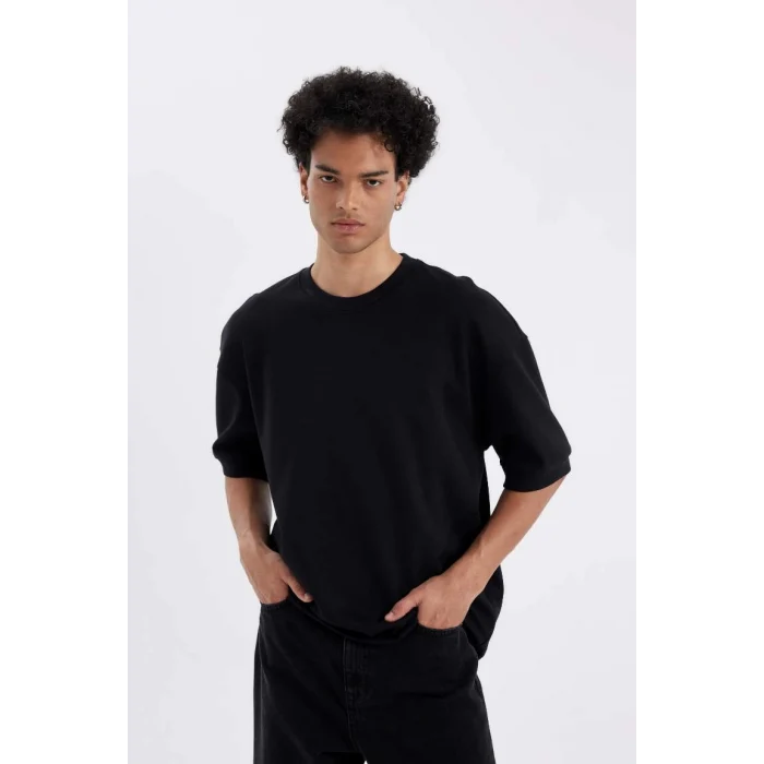 B4844 Loose Fit Bisiklet Yaka Ağır Kumaş Pamuklu Kısa Kollu Basic Düz Tişört