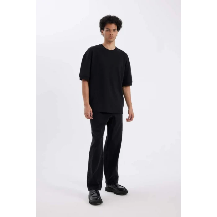 B4844 Loose Fit Bisiklet Yaka Ağır Kumaş Pamuklu Kısa Kollu Basic Düz Tişört