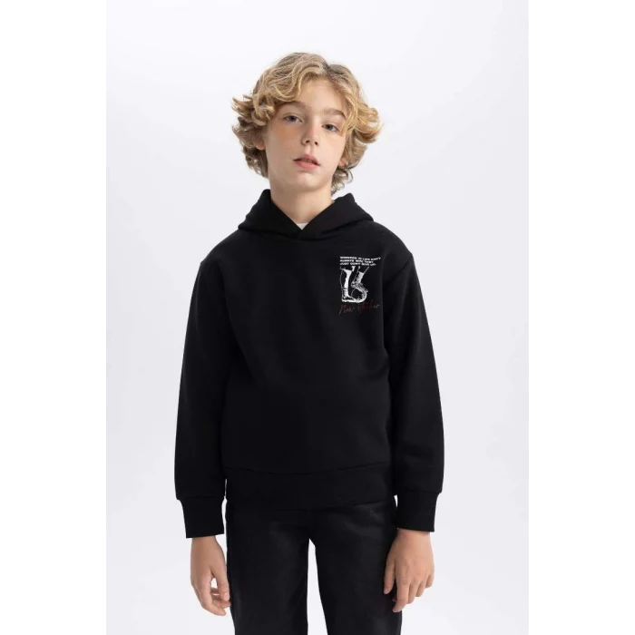 B5945 Kapüşonlu Baskılı Kalın Sweatshirt