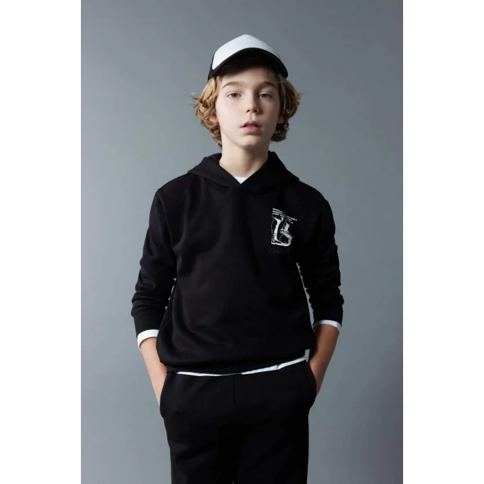 B5945 Kapüşonlu Baskılı Kalın Sweatshirt