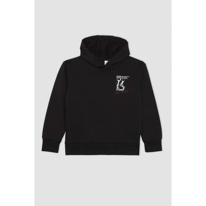 B5945 Kapüşonlu Baskılı Kalın Sweatshirt