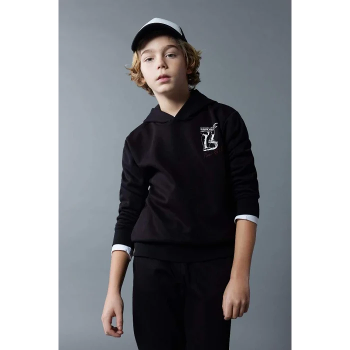 B5945 Kapüşonlu Baskılı Kalın Sweatshirt