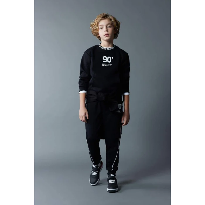 B5947 Baskılı Bisiklet Yaka Kalın Sweatshirt