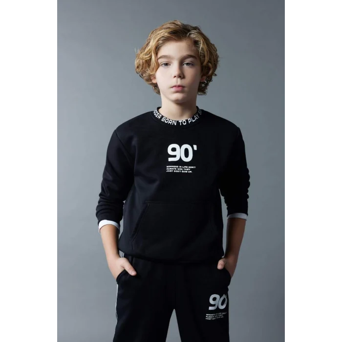 B5947 Baskılı Bisiklet Yaka Kalın Sweatshirt