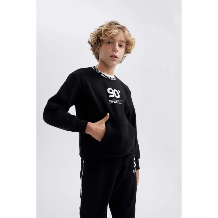 B5947 Baskılı Bisiklet Yaka Kalın Sweatshirt