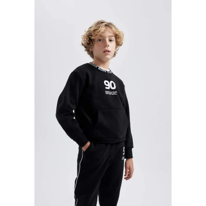 B5947 Baskılı Bisiklet Yaka Kalın Sweatshirt