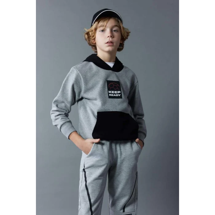 B5948 Baskılı Kapüşonlu Kalın Sweatshirt