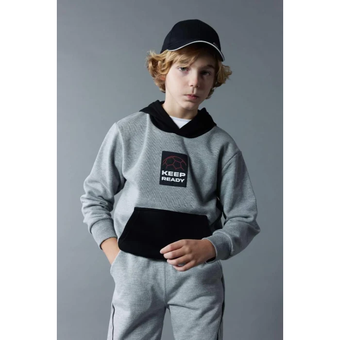 B5948 Baskılı Kapüşonlu Kalın Sweatshirt