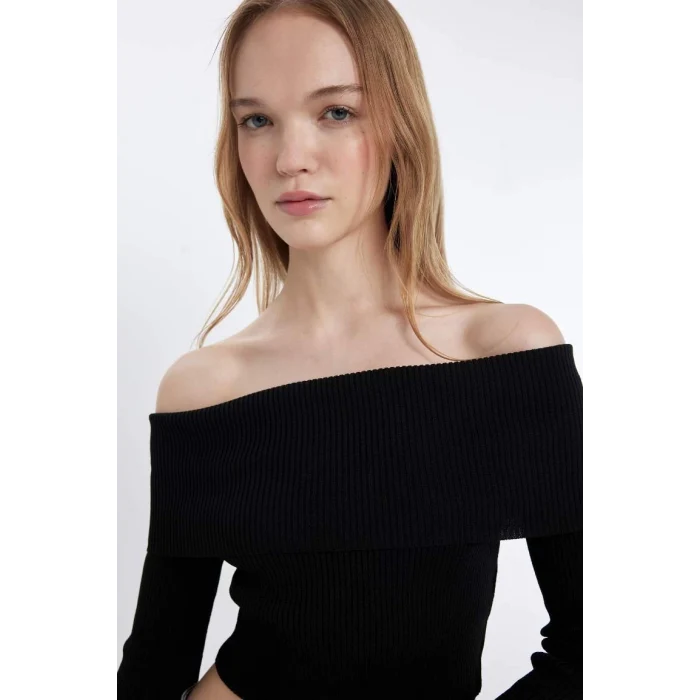 B6537 Coool Slim Fit Dar Kesim Açık Omuz Basic Düz Triko Kazak