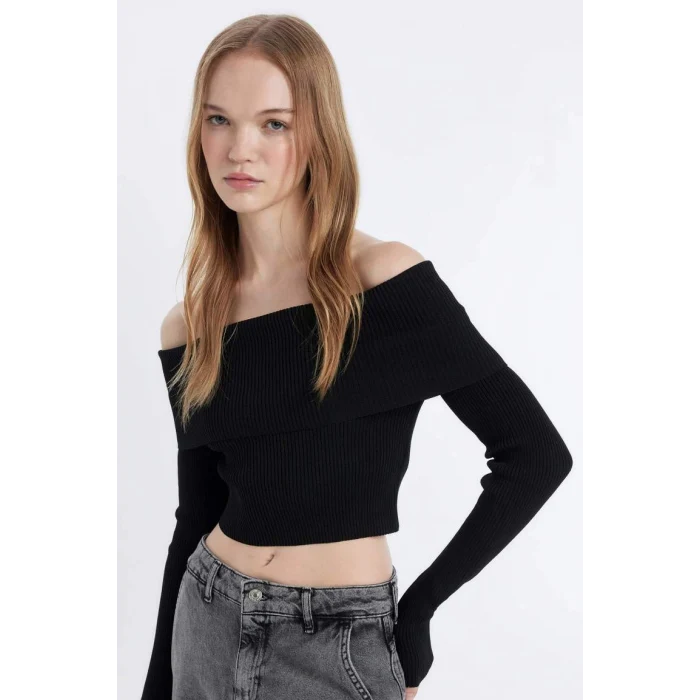 B6537 Coool Slim Fit Dar Kesim Açık Omuz Basic Düz Triko Kazak