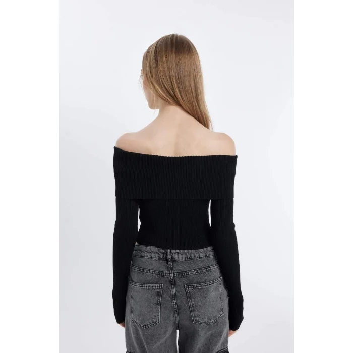 B6537 Coool Slim Fit Dar Kesim Açık Omuz Basic Düz Triko Kazak