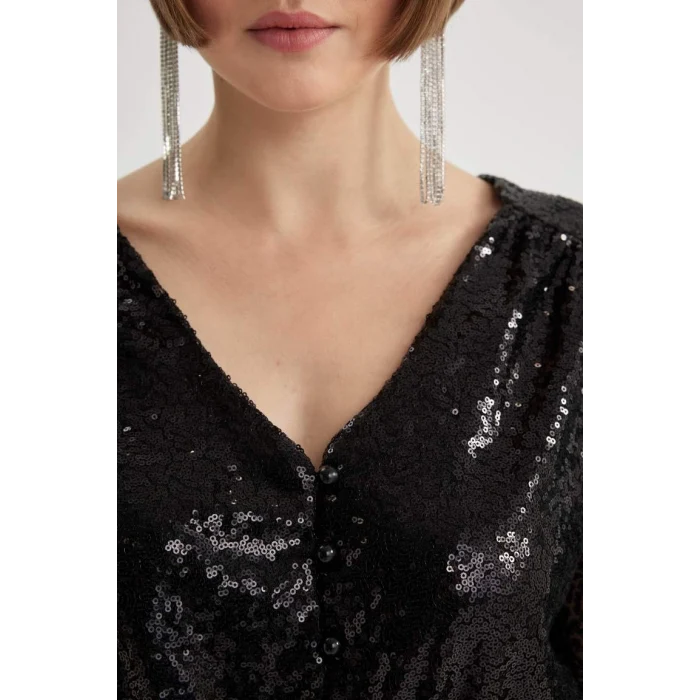 B6674 Kalp Yaka Payetli Kumaş Uzun Kollu Mini Elbise