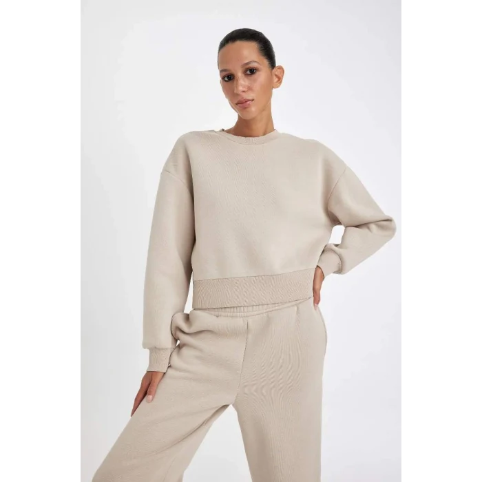 B8568 Boxy Fit Bisiklet Yaka Kalın Basic Düz Sweatshirt